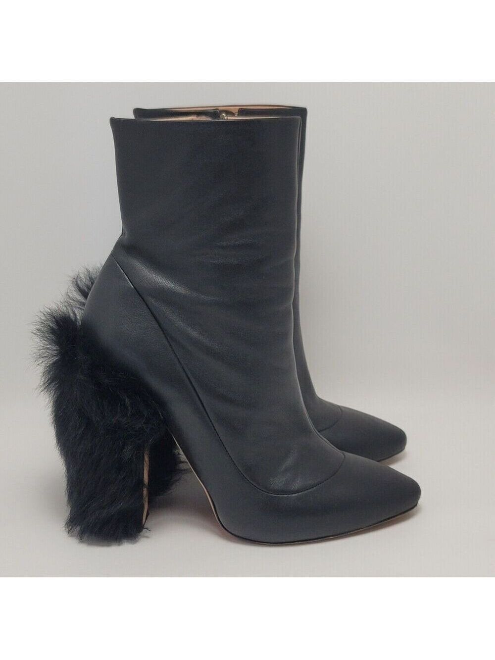 Rochas Ankle Bootie Black Leather Side Zipper Fur Heeled Almond Boots Size 40